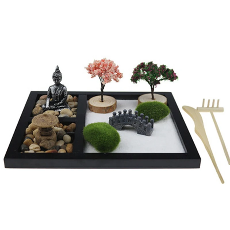 Stress Relief Mini Meditation Triangle Zen Garden Table Décor Kit w/ Rake & Sand 