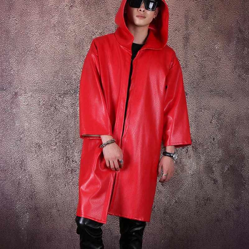 Men's Singer Concert Trench Costume Red Faux Leather Windbreaker Hooded PU Cloak Long Overcoat Tide Male Dancer Hip Hop Coat