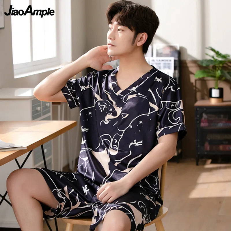 Men's Pajamas Summer Fashion V-Neck Thin Ice Silk Short-Sleeved Shorts Nightie Two Piece 2021 New Boys Casual Sleepwear Nightie