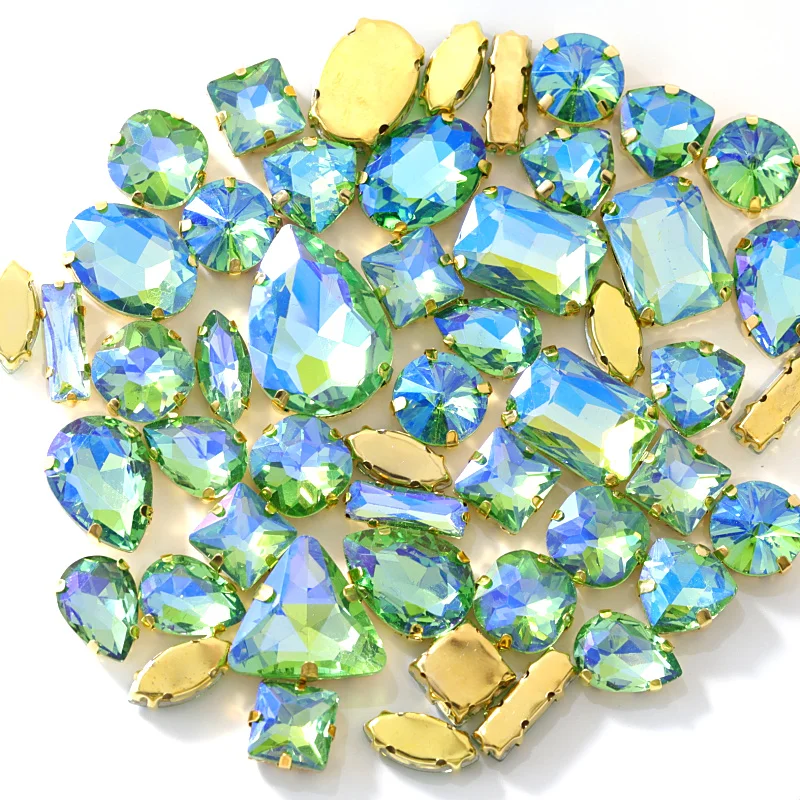 

20pcs Lt.peridot AB Mixed Shapes Sizes Sew On Rhinestones With Claw Flatback Glass Strass Sewing Stones For DIY Garments B1149