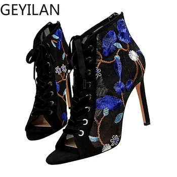 

2019 Women Fetish Stripper Sandals Ankle Boots 10.5cm High Heels Lace Up Prom Cross Tie Peep Toe Embroider Summer Blue Shoes