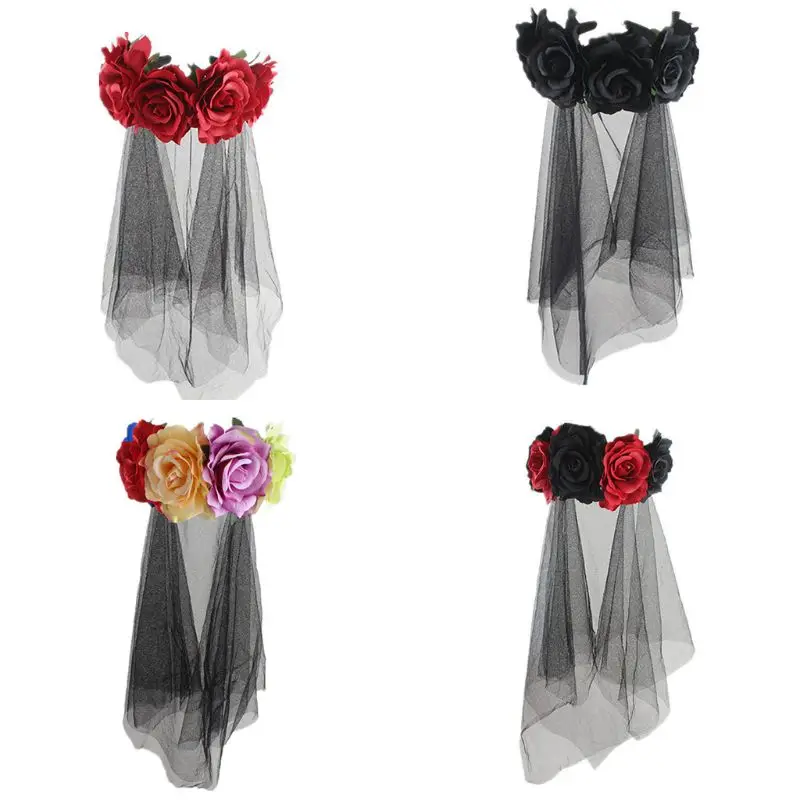 Womens Halloween Wreath Headband Handmade Fabric Rose Flower with Black Mesh Veil Tulle Crown Festival Day of The Dead Hair Hoop