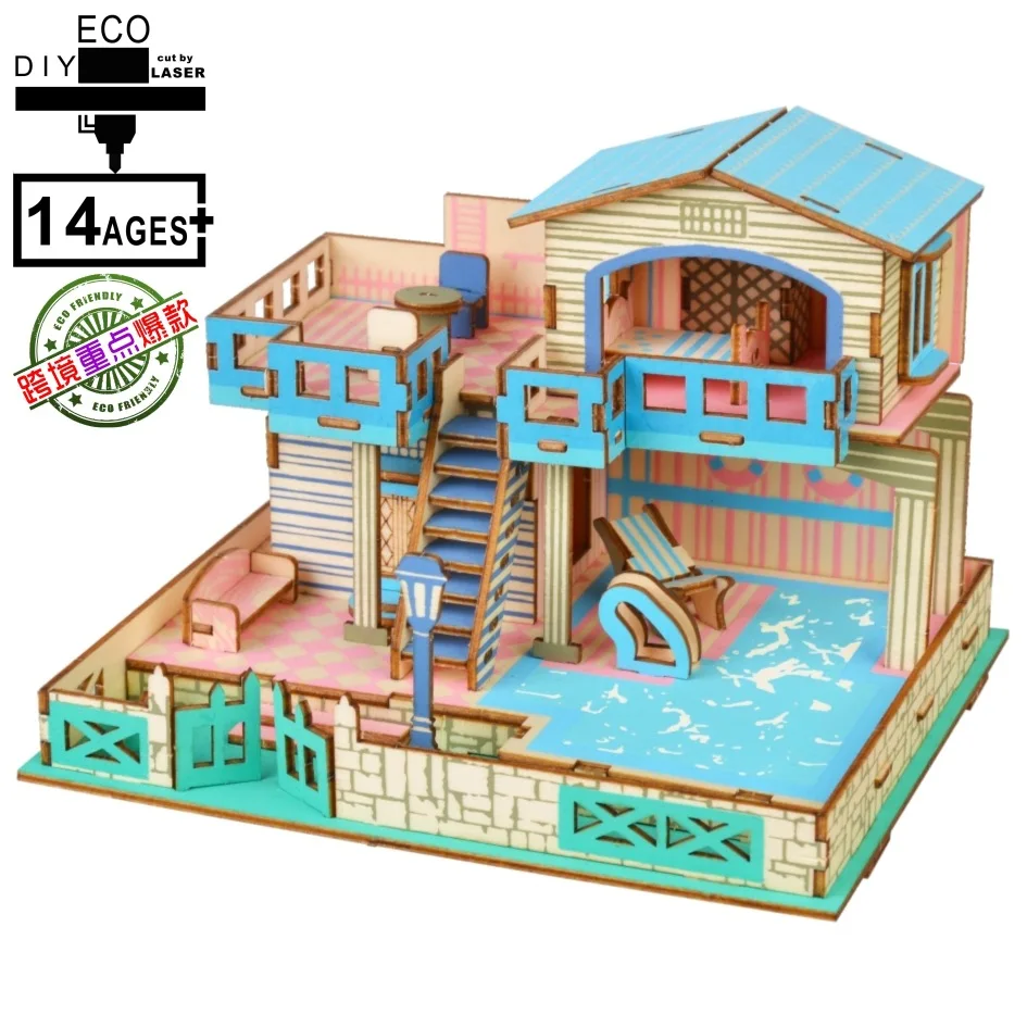 3D wooden three-dimensional jigsaw puzzle DIY handmade toys blue dream island beach villa toys