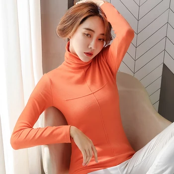 

Long Sleeve Crop Top Plus Size Shirt Office Lady Cotton Broadcloth Embroidery Solid Turtleneck T-Shirt Women 2019 Winter T Shirt