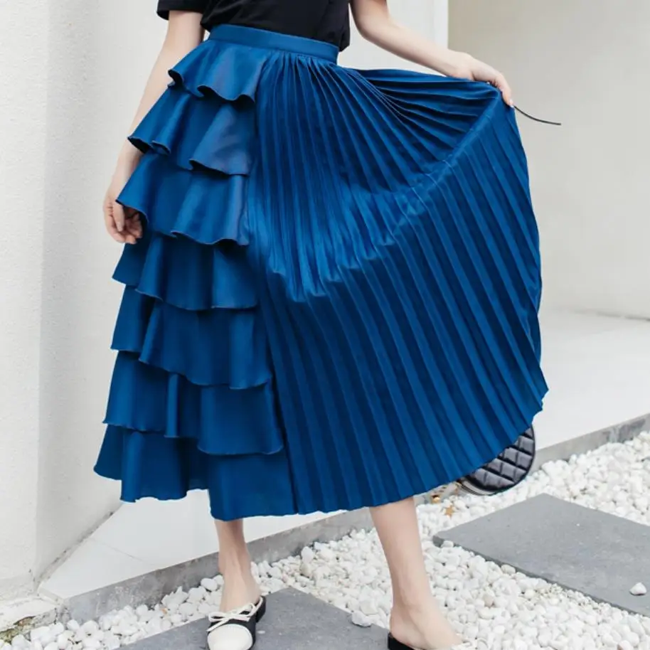 Новинка; сезон весна-осень; Высокая талия; асимметричная плиссированная юбка с оборками; женская модная удлиненная юбка средней длины
