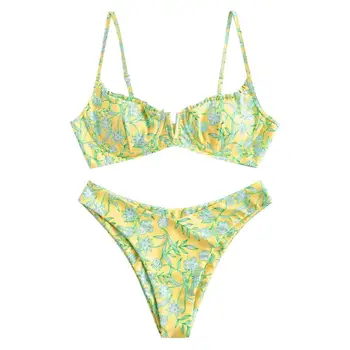 

Melphieer Lady's 2020 Fresh chic flower printed underwired padded high cut sexy v neck bikini set in stock