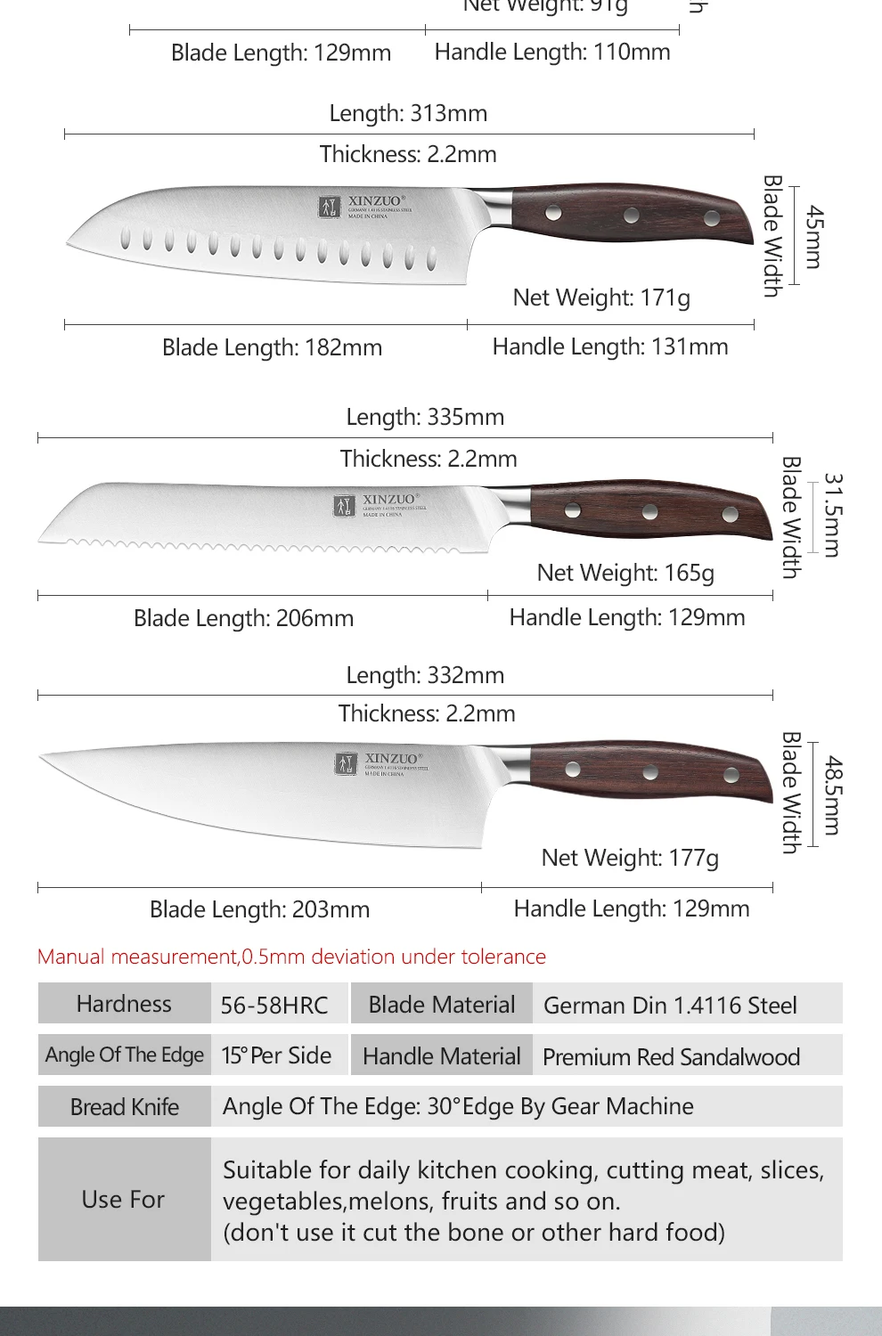 XINZUO Stainless Steel 5PCS Knife Sets Red Sandalwood Bread Chef Paring Utility Santoku Knife Steel Cooking Household Tools best drill bit set