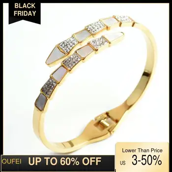 

OUFEI Luxury Snake Bangle For Women Bone Shell Crystal Bracelet Titanium Steel Open Bangle Fashion Jewelry Valentine's Day Gift