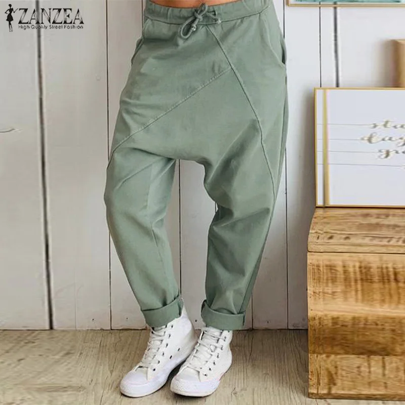 

Fashion Drop-crotch Trousers Women's Harem Pants 2019 ZANZEA Summer Autumn Long Pantalon Palazzo Female Elastic Waist Pantalones