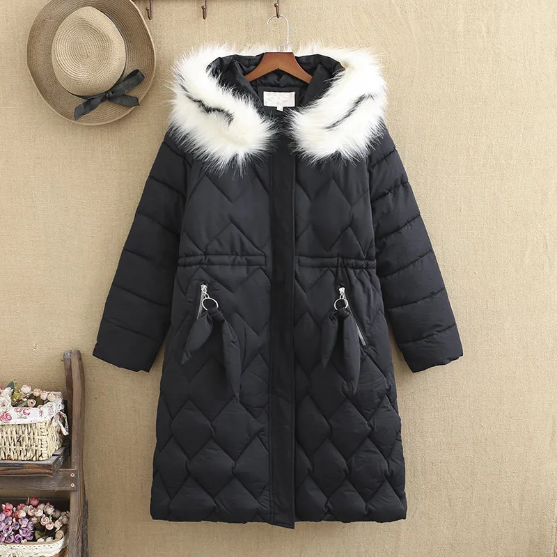 

Plus Size Women's Cotton Coat Winter Fur Collar Hooded Jacket Long Sleeves Mezzanine Is Cotton And Thickened Large Size Coat