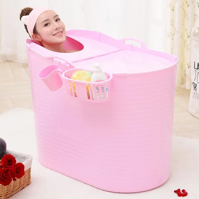 Thickened Tough Plastic Adult Bath Barrel Extra Large Bath Barrel Children Bath Half-fold Tub Bath Barrel With Lid - Цвет: Розовый