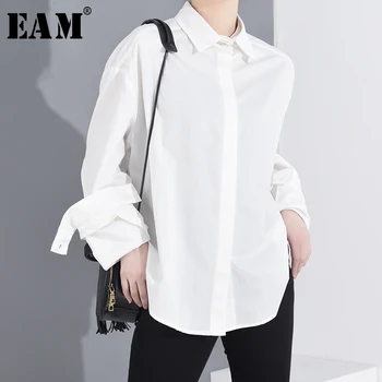 

[EAM] Women White Cuff Buckle Split Big Size Blouse New Lapel Long Sleeve Loose Fit Shirt Fashion Spring Summer 2020 1T62900