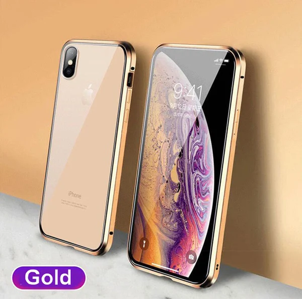 Gold Двустороннее стекло 360 магнитный адсорбционный металлический чехол для iphone 11 Pro MAX 6 6S 7 8 Plus X XR XS MAX Передняя и задняя крышка чехол - Цвет: Gold