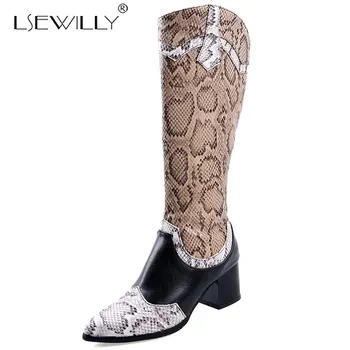 

Lsewilly Women Boots Flats Pointed Toe Low-heele Snake Print Western Rodeo Cowboy Long Boots Fashion Female Casual Shoes
