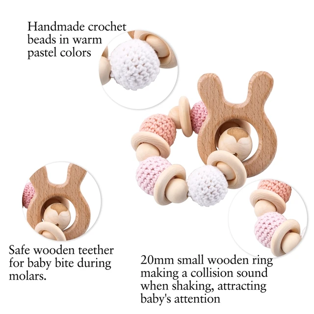 Let's Make 1PC Wooden Teether Hedgehog Crochet Beads Wood Crafts Ring Engraved Bead Baby Teether Wooden Toys For Baby Rattle 3
