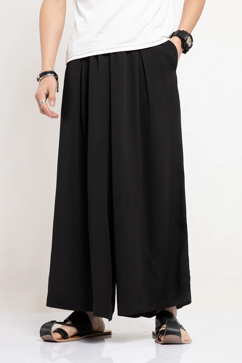 Men Linen Wide Leg Pants Mens Harajuku Streetwear Harem Pants Male Chinese Style HanFu Kongfu Trousers Ankle-Length