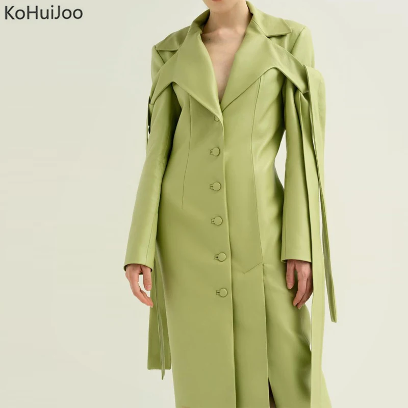

KoHuiJoo Women Pu Leather Trench Coat High Fashion Runway High Extra Long Faxu Leather Jakets High Street Outwear Green Black