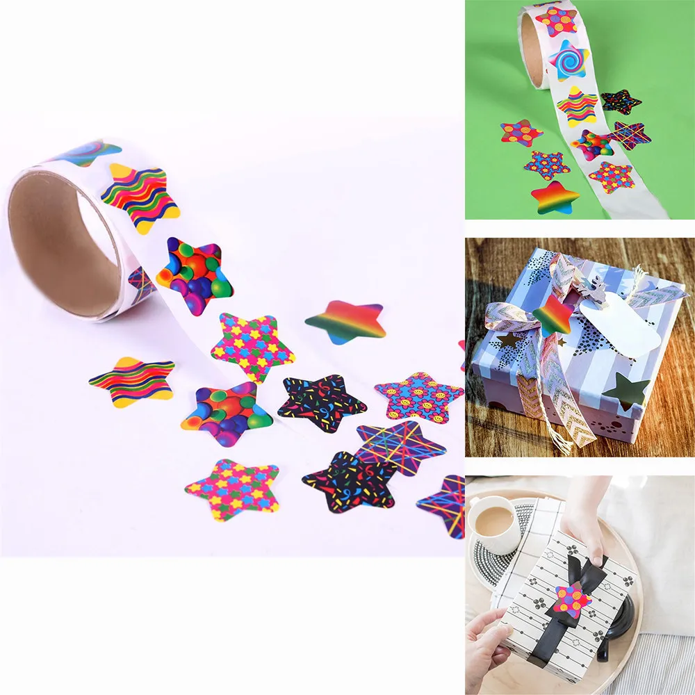 

Sticker 100pcs/roll Creative Adhesive Tape Colorful Heart Star Shape Label Sticker Baking Stickers Stationery Office School Supp