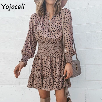 

Yojoceli 2019 autumn winter print dress women long sleeve shirred dress casual streetwear mini dress female vestidos