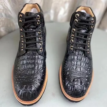 

Authentic Exotic Crocodile Scales Skin Men's Casual Winter Ankle Boots Genuine Alligator Leather Male High-top Lace-up Shoes
