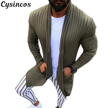 CYSINCOS мужской кардиган с длинным рукавом, полосатый свитер средней длины, пальто с карманом, зима-осень, повседневный однотонный кардиган, Pull Homme Hiver