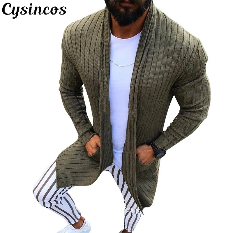 

CYSINCOS Cardigan Men Long Sleeve Striped Midi Sweater Coat Pocket Winter Autumn Casual Solid Color Cardigans Pull Homme Hiver