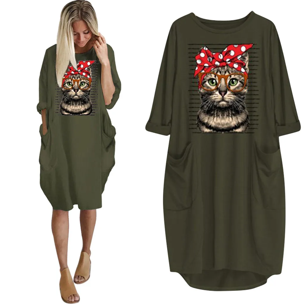 Cat Long Dress Women Plus Size 3XL O-Neck платье Summer Fashion HOT Long Sleeve Printed Short Mini Autumn A-Line Dress Wholesale