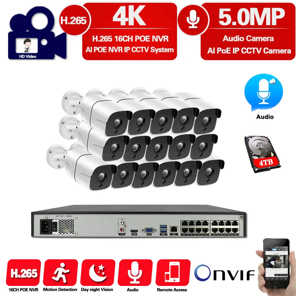 16CH 4K Ultra HD POE сетевая видео система безопасности 5MP H.265 + NVR с 16 шт. двухсторонняя