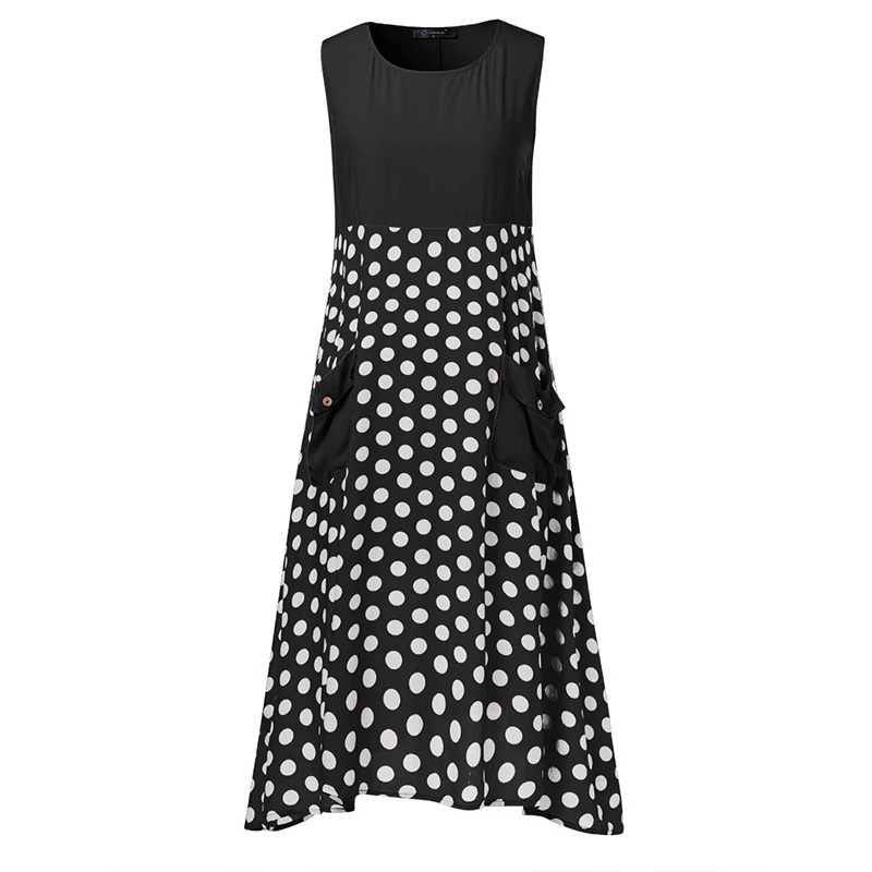Summer Sundress ZANZEA Women Sleeveless Polka Dot Printed Beach Dress Casual Pacthwork Long Vestido Femme Robe Tanks Dress - Цвет: Черный