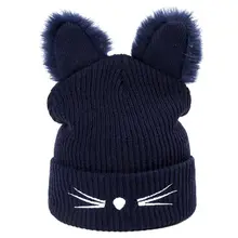 Женская шерстяная шапка Милая шляпа модные теплые шапки с наушниками Skullies милые уши универсальные вязаные