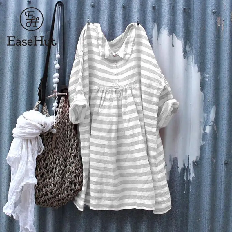 

EaseHut Vintage Loose Casual Dress Contrast Stripes Dropped Shoulder Turndown Collar Buttons Female Mini Dresses Plus Size 3XL