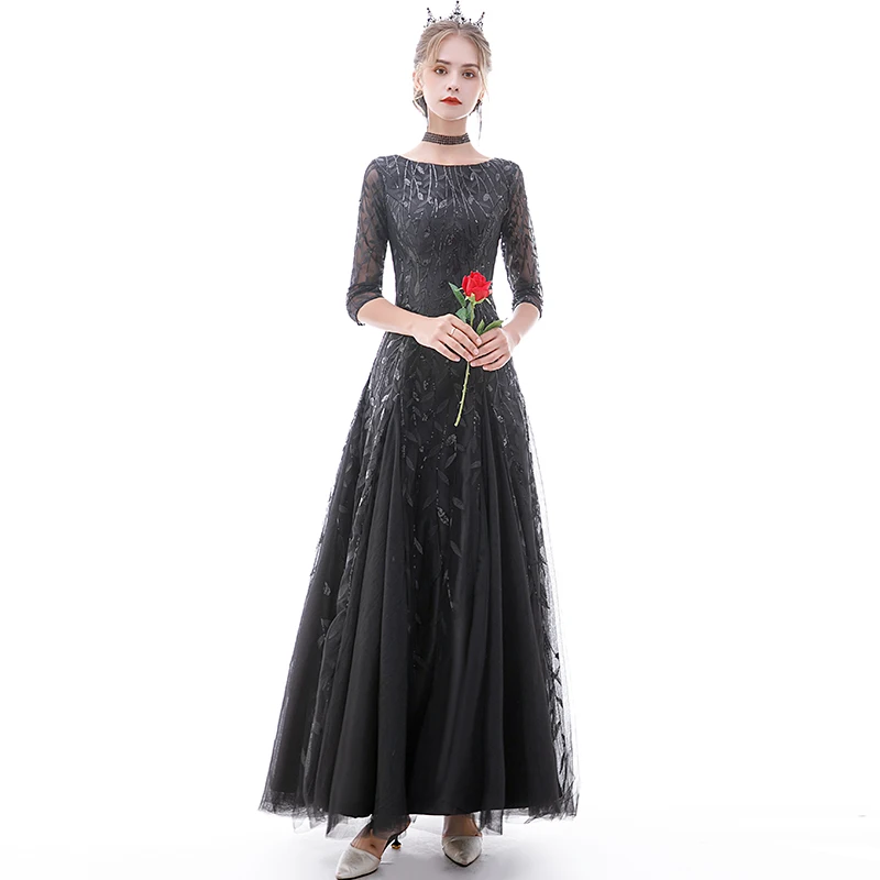 Kyunovia черные сексуальные женские вечерние платья с блестками Vestidos De Gala, Длинные Красивые винтажные вечерние платья с круглым вырезом E27