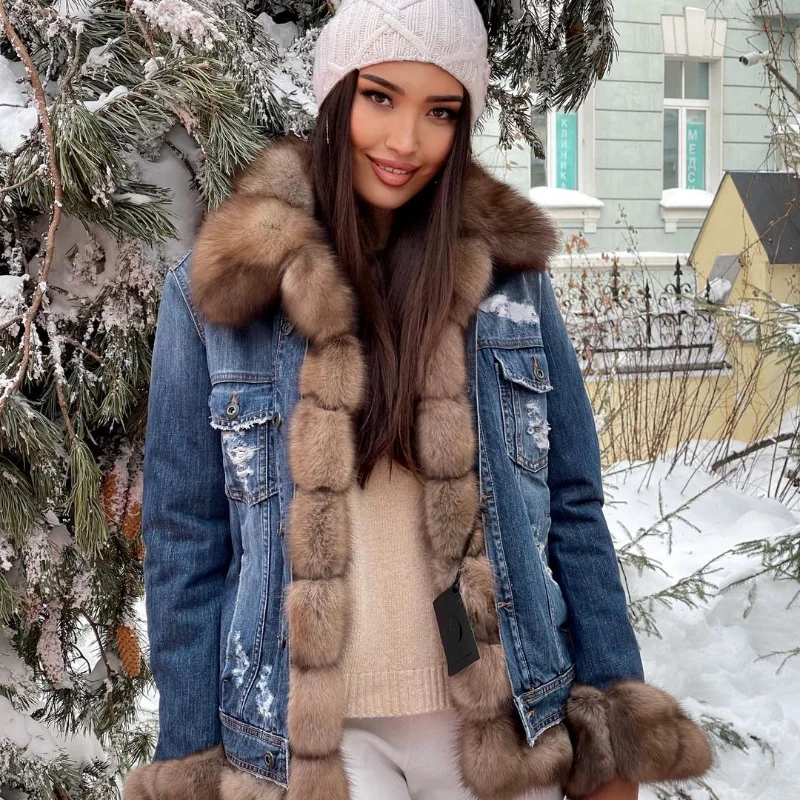 FURSARCAR Denim Jacket Real Fox Fur Top Fashion Female Natural Fur Coat Thick Warm Winter Women Coat Slim Casual Style Overcoat