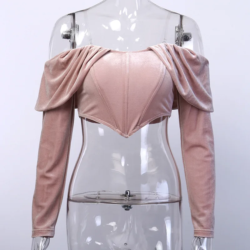 BOOFEENAA, розовые бархатные сексуальные винтажные вечерние блузки, женские корсетные кроп-топы с длинным рукавом и открытыми плечами, облегающие рубашки, C66-AA38