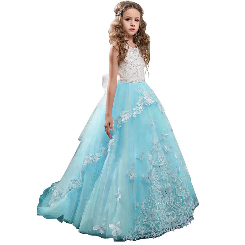 light blue Лавандовое детское свадебное платье; цвет желтый, розовый; кружевное платье с объемной цветочной аппликацией; фатиновое бальное платье-пачка для девочек на день рождения; платья для первого причастия - Цвет: light blue