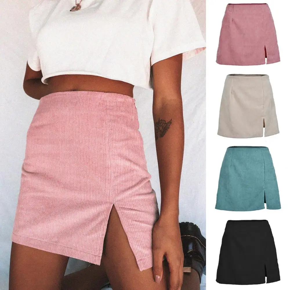 2020 ZA Women's Multicolor Skirt New Spring Corduroy Boho Solid Color Split A-line Party Gift | Женская одежда
