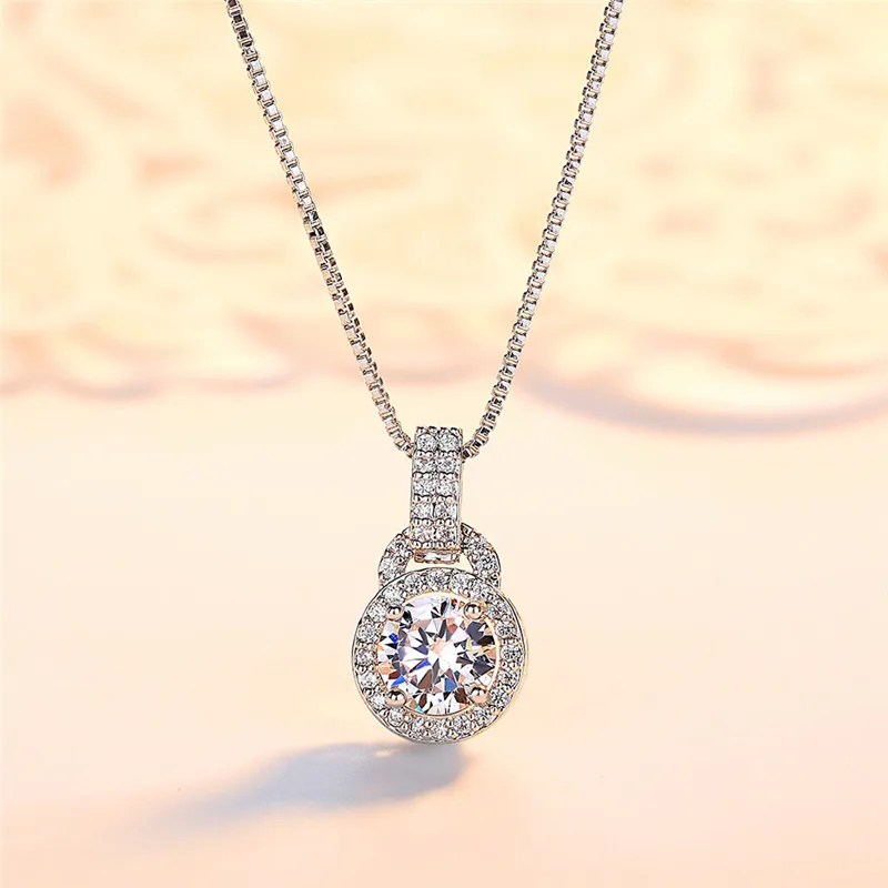 

Cute Female Round Zircon Pendant Necklace Fashion Silver Crystal Long Necklace Charm Party Wedding Necklace For Women