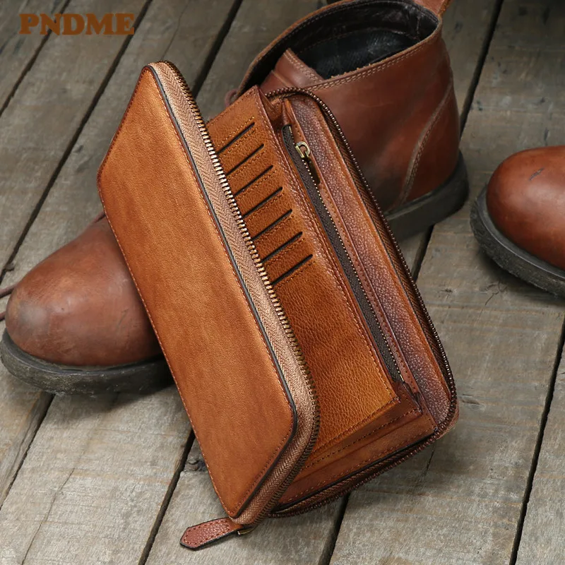 

PNDME vintage simple genuine leather men's long multi-card wallet casual luxury natural real cowhide minimalist phone coin purse