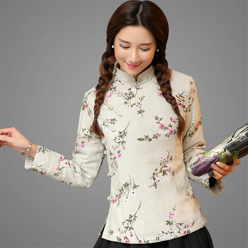

Cui ti niao Autumn And Winter Ethnic-Style WOMEN'S Coat Chinese Style Printed Stand Collar Handmade Frog Xie Jin Cotton-padded C