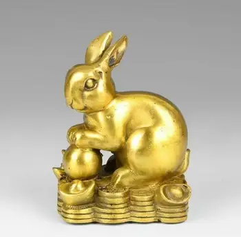 

China Brass Copper Auspicious Yuanbao Wealth Lucky Rabbit Hare Decoration Statue