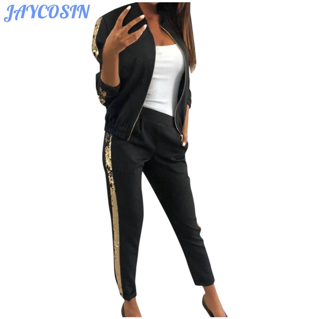 JAYCOSIN Women Sets Clothes Tracksuit Sequins Stitching Jacket Sport Long Sleeve Top And Pants Fitness Sports Outfits | Женская одежда