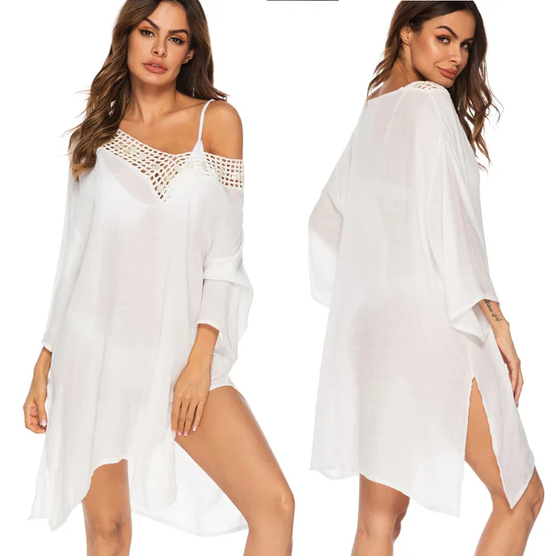 

Beach Bathing Outings Bikini Cover Up Dress Women's Clothing For The Tong Gouchun Color Paillette Neck Split Long Sleeve Smock