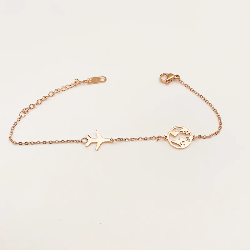 

Stainless Steel Creative Plane World Map Chain Bracelet Bangle Unique Rose Gold Color Women Map Airplane Travelling Accessories