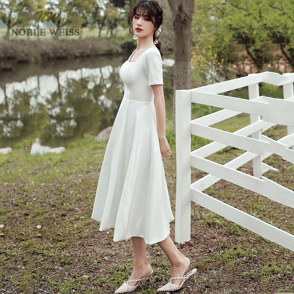 Prom Dress A-Line Short Prom Dress  Cocktail Dresses  Satin  Tea-Length  Sexy Prom Dress with Short Sleeves