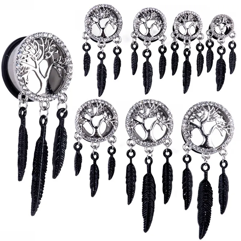 1 Pair Surgical Steel Crystal Tree of Life Feather Dangle Ear Plugs Saddle Flesh Tunnel Ear Gauge Expander Body Piercing Jewelry