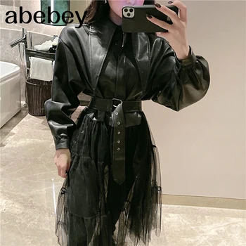 

2020 Spring New Jackets Women Fashion Solid Color Long Mesh Gauze Stitching PU Leather Coat With Belt Female PB279