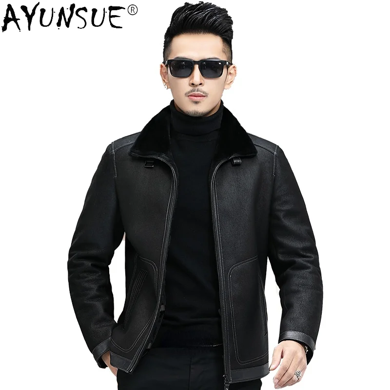 

AYUNSUE Natural Fur Coats Men Sheepskin Leather Jackets Winter 2021 Sheep Shearling Liner Black Jackets Jaqueta Masculina Gmm367