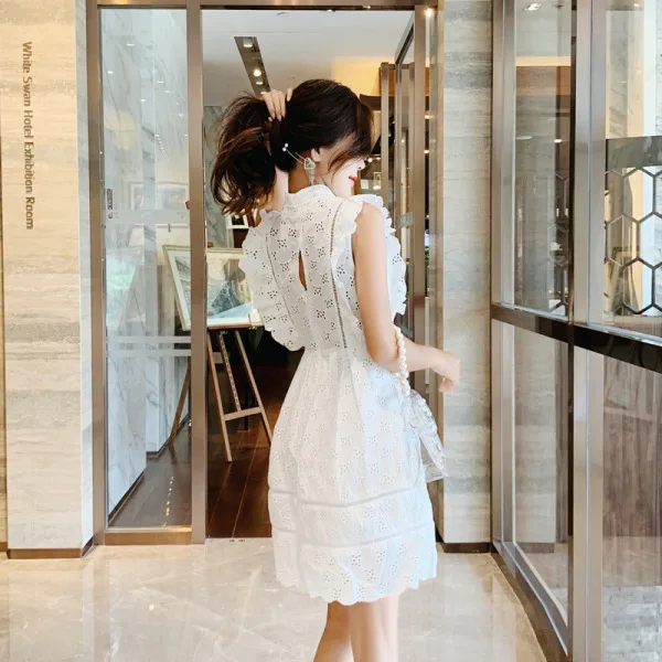Summer Solid Women Dress Summer Sleeveless High Waist Hollow Out Slim Mini Dresses Female Fashion Elegant New