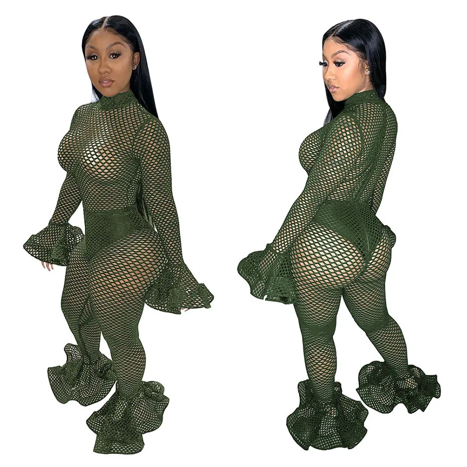 HAOYUAN Sexy Fishnet Sheer Rompers Womens Jumpsuit Long Sleeve Bodycon Overalls Festival Clothing Fall Club One Piece Jumpsuit