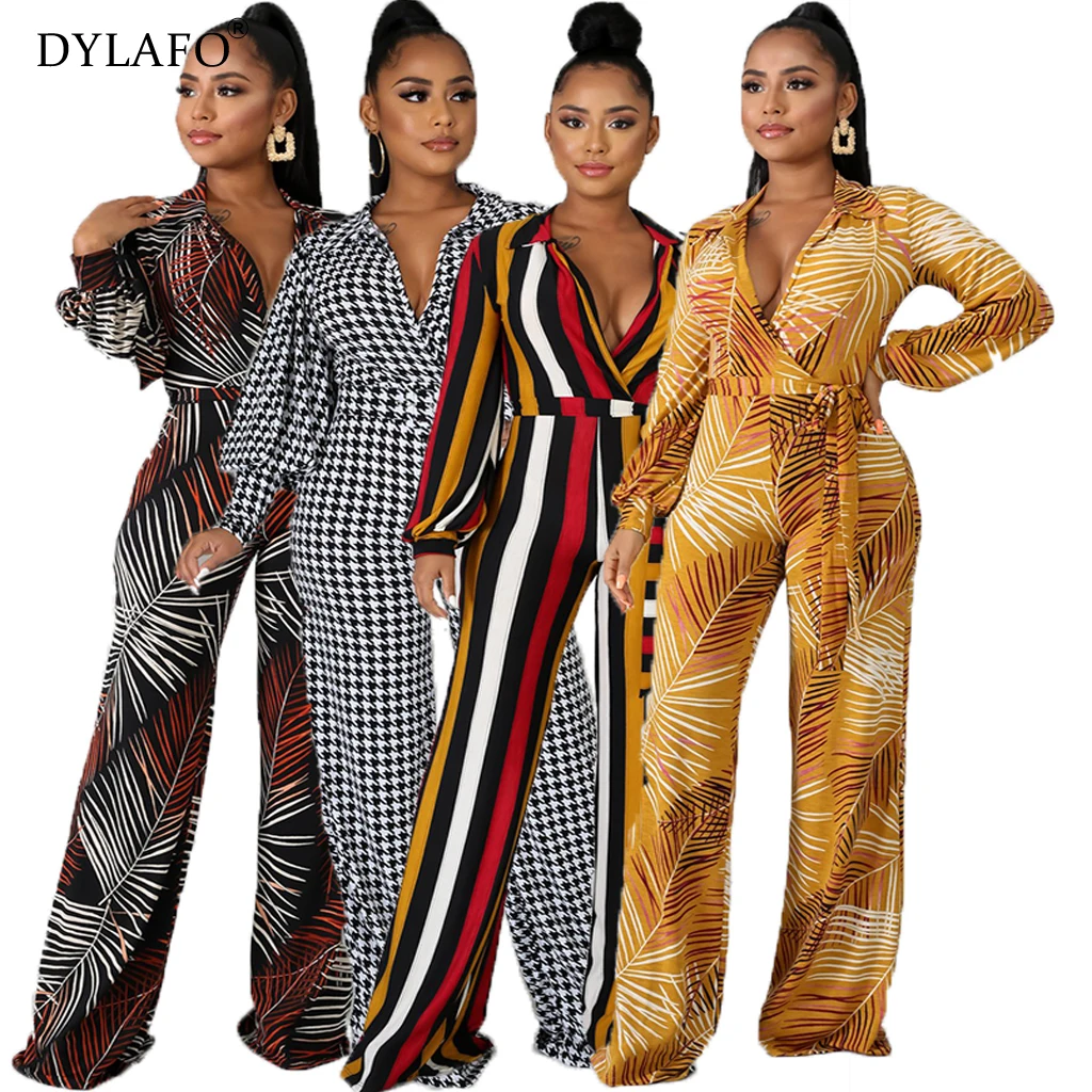 Female 2021 Digital Print Strip Jumpsuit Romper V Neck Long Sleeve Casual Long Sash Autumn Jumpsuit Women Overalls